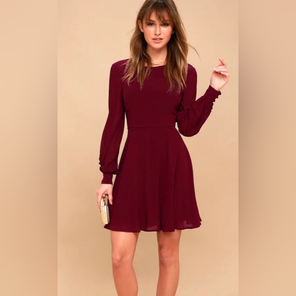 Lulu’s Sadie Mae plum purple burgundy maroon long sleeve mini dress. Size M